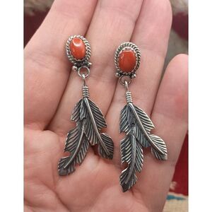 Southwestern Native Style Sterling Silver Coral Feather Dangle Drop Earrings
